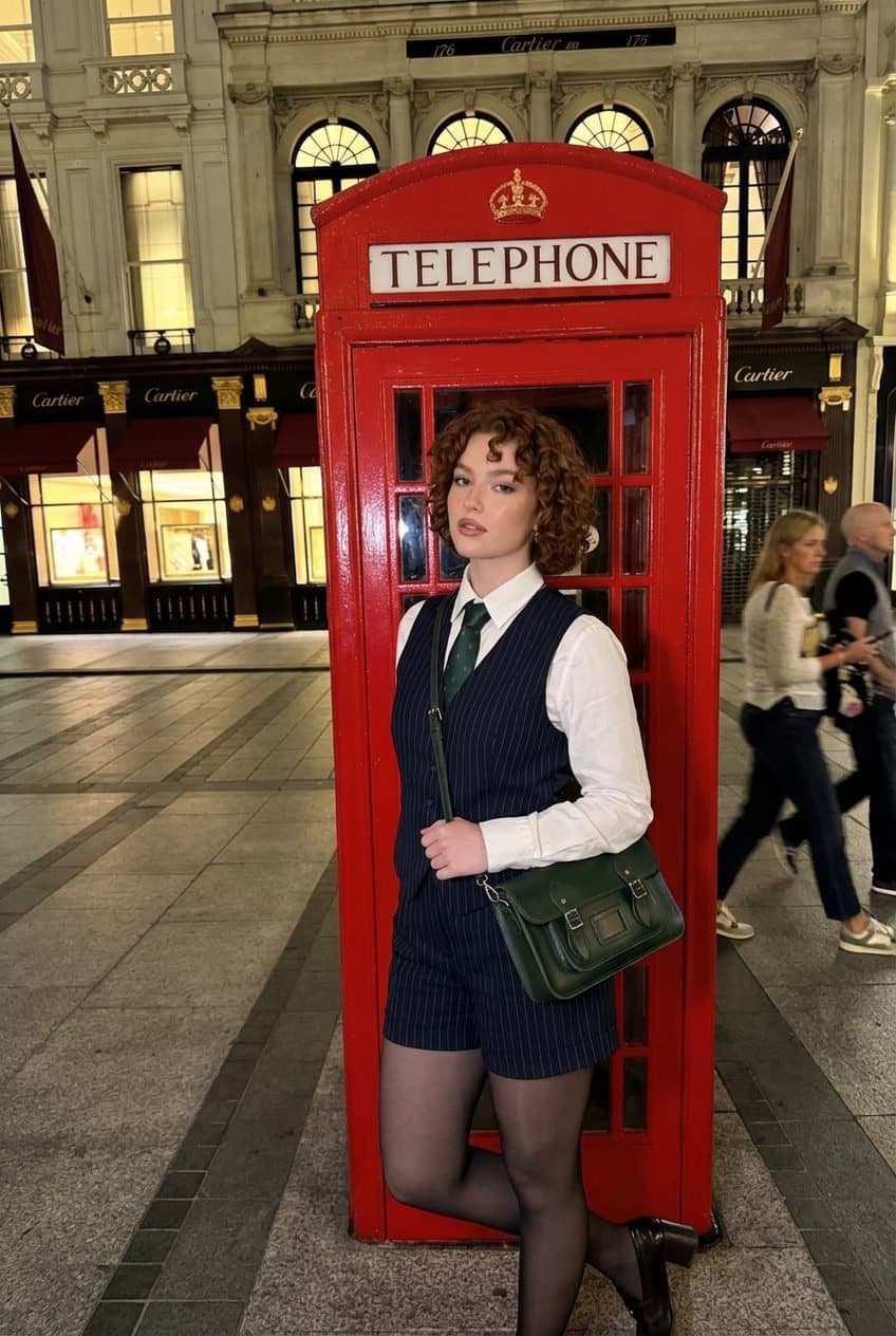 Someone standing in front of a red telephone box in the evening.