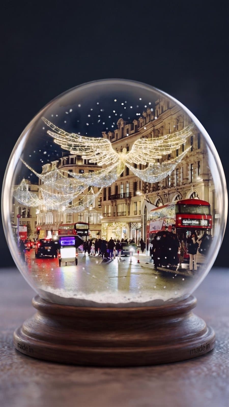 The same street, lights and bus inside a glass snow globe.
