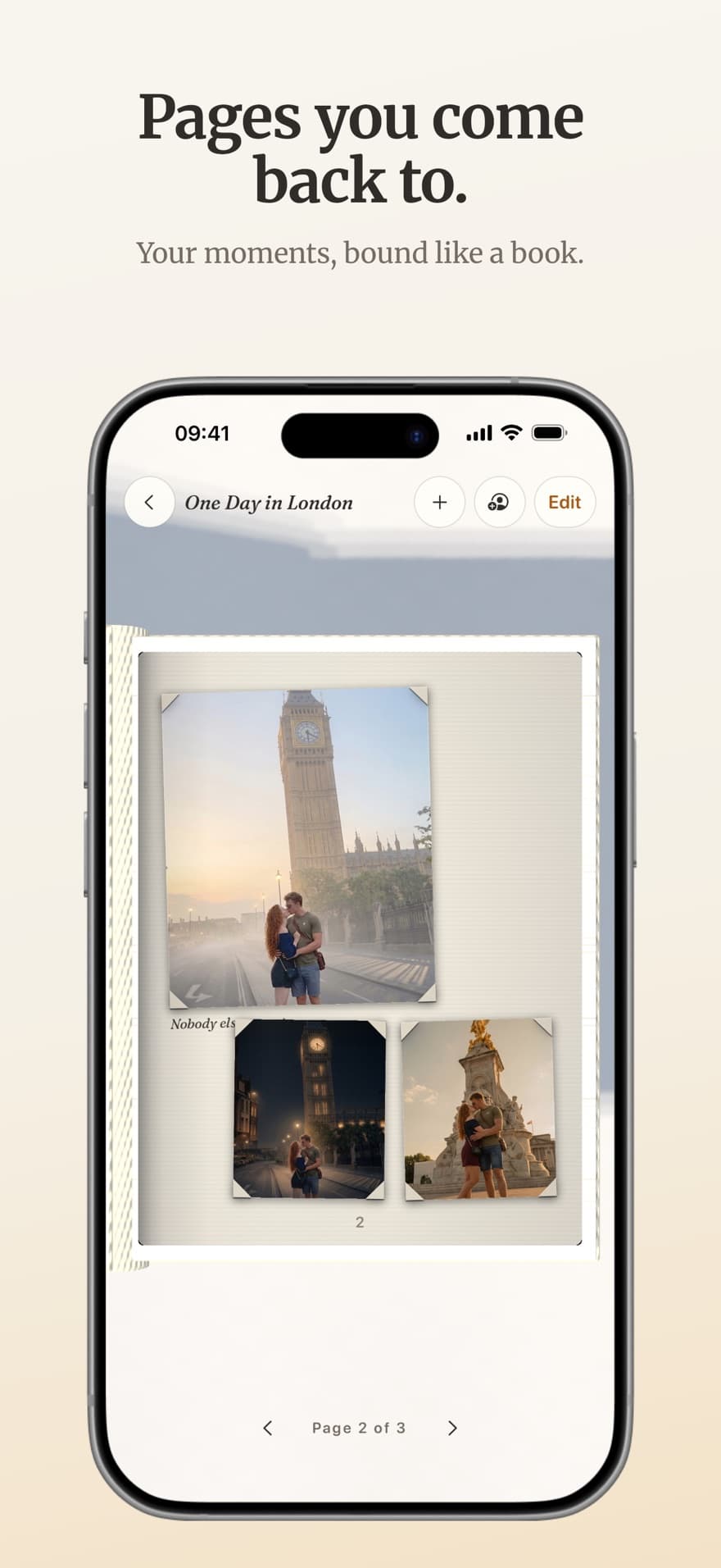 An album open in Retold, with three photos on the page.