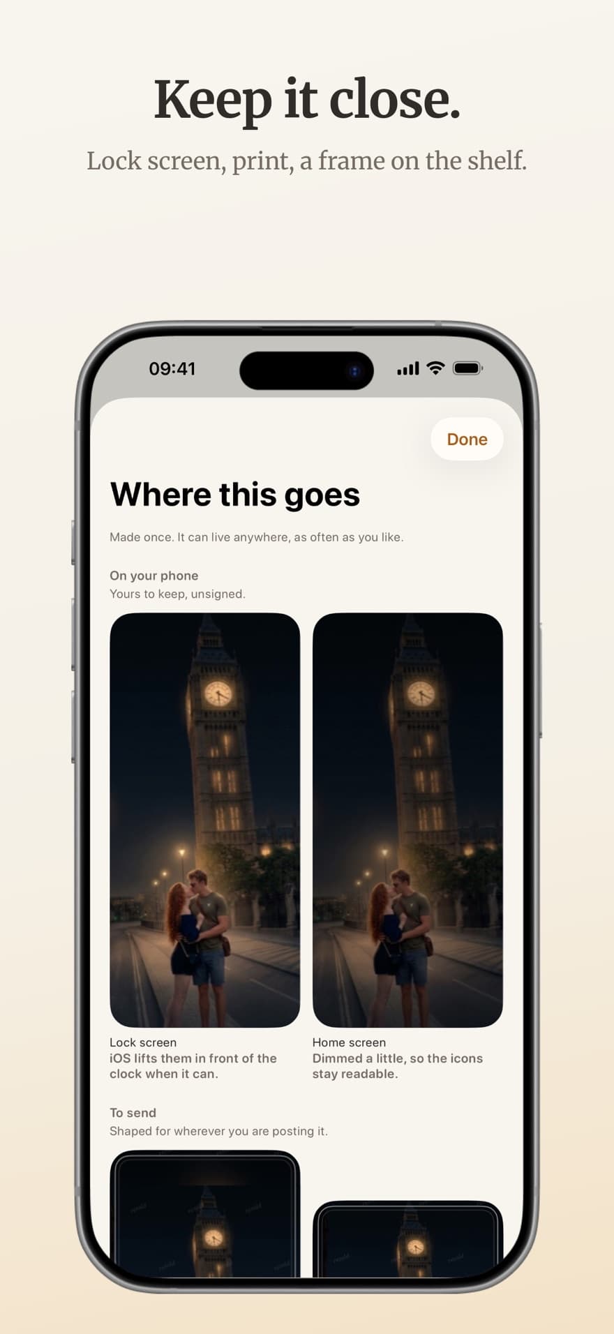 Retold's screen for where a photo goes: lock screen, home screen and sizes for posting.